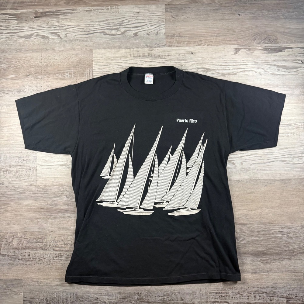 Vintage Jerzees Puerto Rico Sailboat Graphic T-Shirt Black XL USA Made 80's